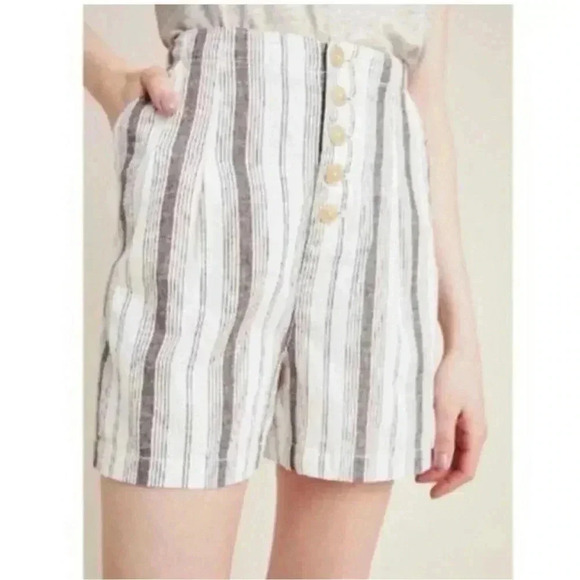 Anthropologie Pants - Anthropologie Coastal Linen Cotten Blend Striped High-Waist Button Shorts